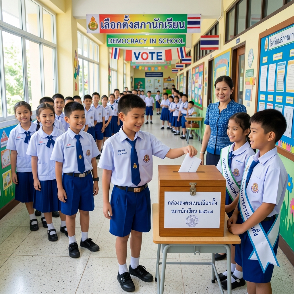 กิจกรรมส่งเสริมความสามัคคีและสิทธิประชาธิปไตย: สภานักเรียนโรงเรียนอนุบาลครบุรีประจำปีการศึกษาใหม่